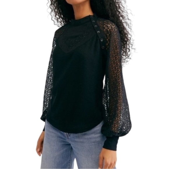 Free People Sweetest Thing Thermal Top Lace Sleeves Black Small Embroidered - Picture 3 of 8